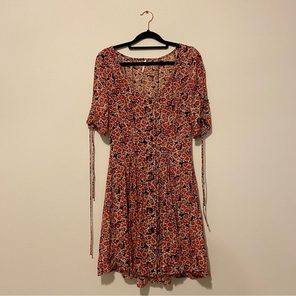 Free People Small Black Lace-up Mini Dress With Red Floral Pattern - Picture 10 of 16
